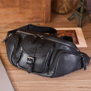 Men's Genuine Leather Solid Pattern Zipper Crossbody Shoulder Bag