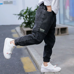 Kid's Cotton Mid Waist Elastic Closure Casual Wear Denim Pants