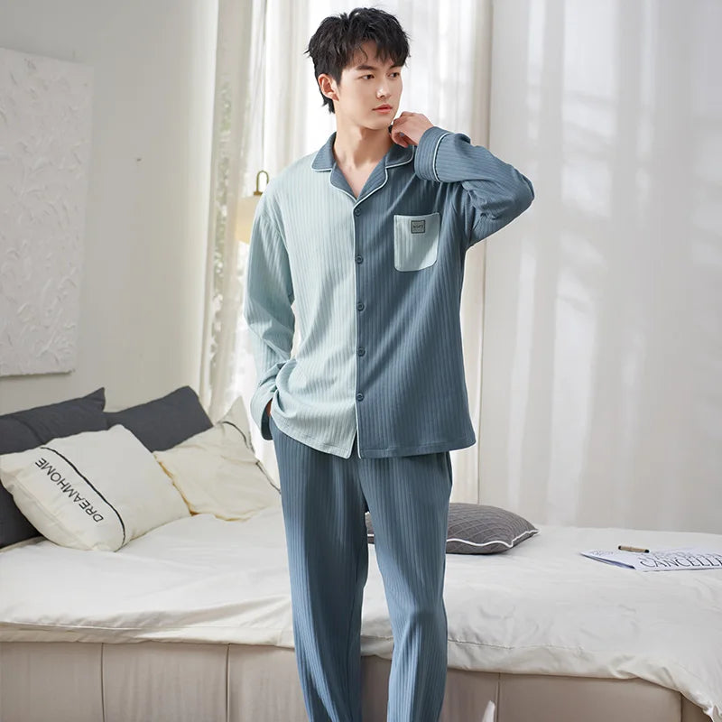 Men's Cotton Turn-Down Collar Long Sleeve Striped Sleepwear Set