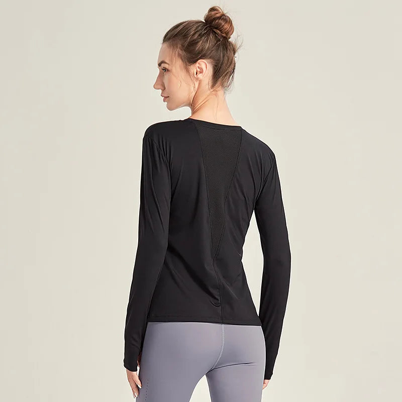 Women's Polyester O-Neck Long Sleeves Fitness Workout Yoga Top