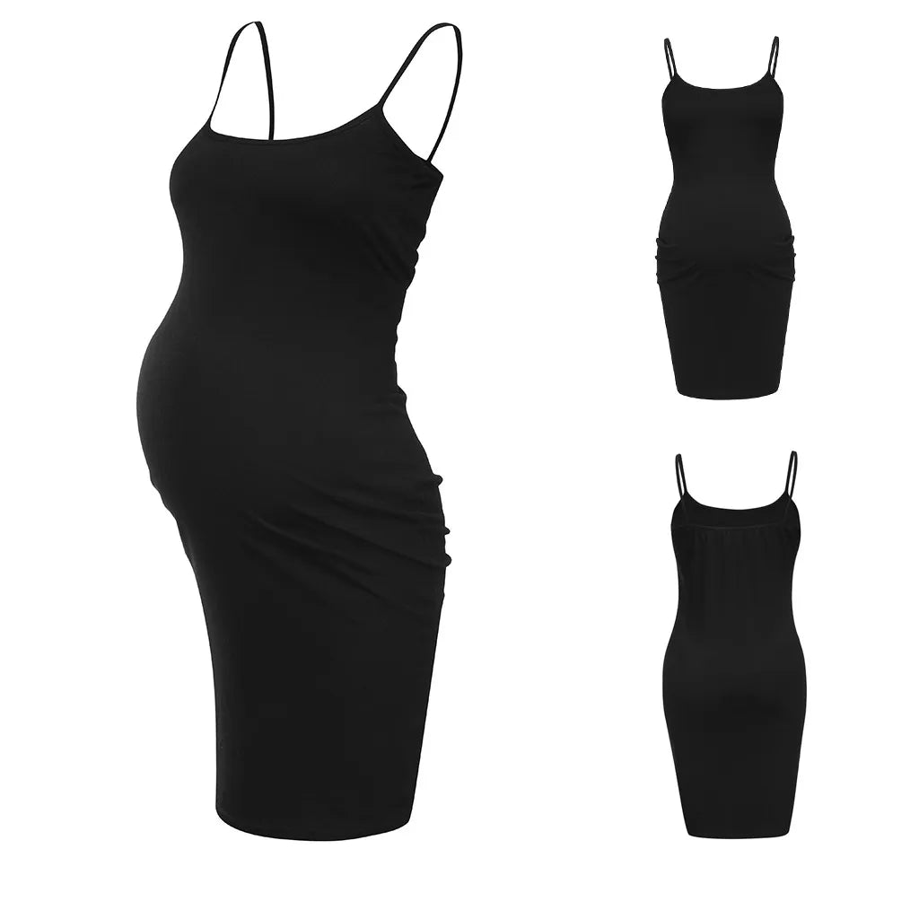 Women's Polyester Square-Neck Sleeveless Solid Maternity Dress