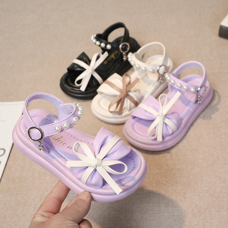 Kid's PU Open Toe Hook Loop Closure Bowknot Pattern Casual Sandals