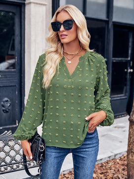 Women's Polyester V-Neck Long Sleeves Knitted Pattern Mini Blouse