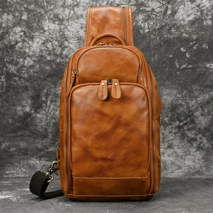 Men's Genuine Leather Zipper Closure Solid Pattern Shoulder Bag