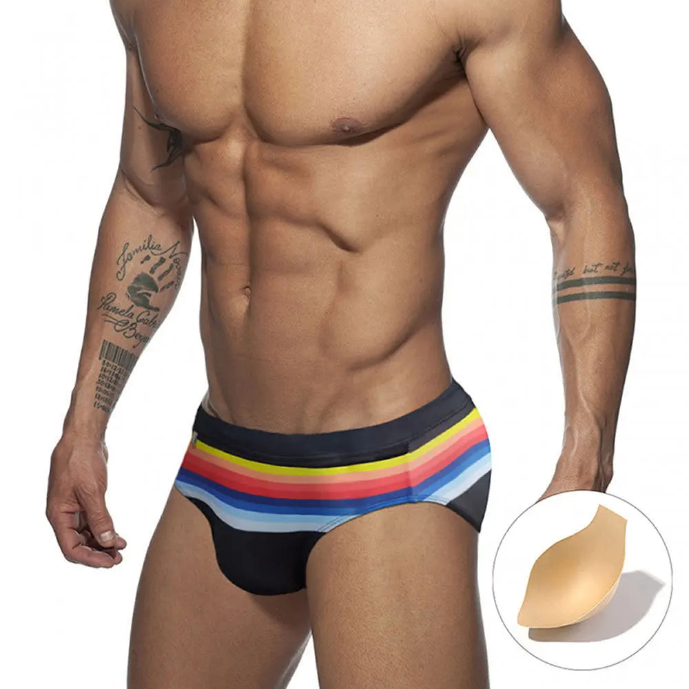 Men's Polyester Elastic Closure Striped Pattern Swimwear Brief