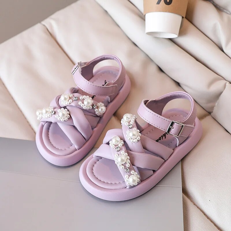 Baby's Round Open Toe Rhinestone Pattern Hook Loop Closure Sandals