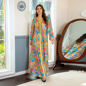 Women's Arabian Polyester Full Sleeve Floral Pattern Party Dress
