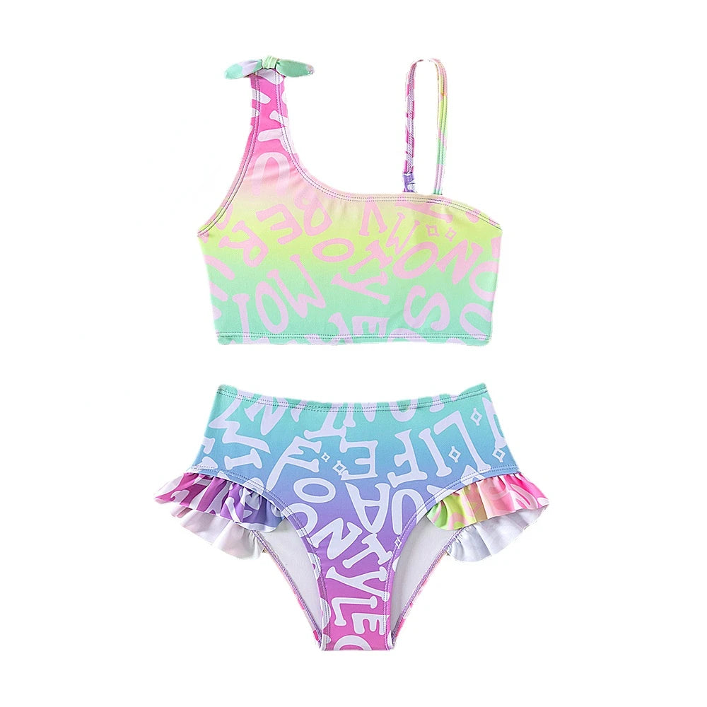 Kid's Polyester Printed Pattern Two-Piece Trendy Swimwear Suit