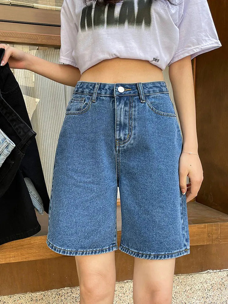 Women's Cotton High Elastic Waist Casual Wear Plain Denim Shorts