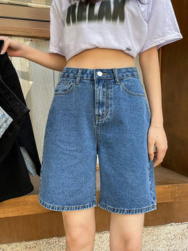 Women's Cotton High Elastic Waist Casual Wear Plain Denim Shorts