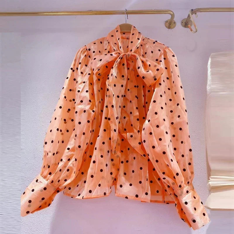 Women's Polyester V-Neck Long Sleeve Dotted Casual Wear Blouses