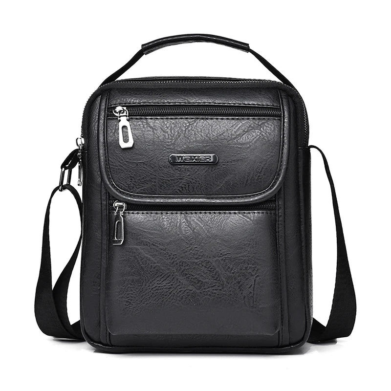 Men's PU Leather Zipper Closure Solid Pattern Elegant Shoulder Bag