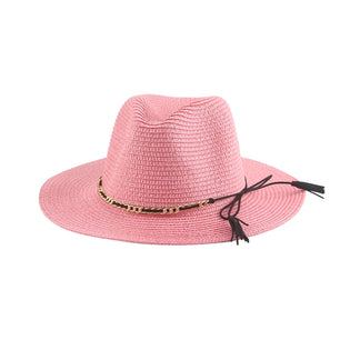 Women's Straw Solid Pattern Trendy Sun Protection Chain Brim Hat