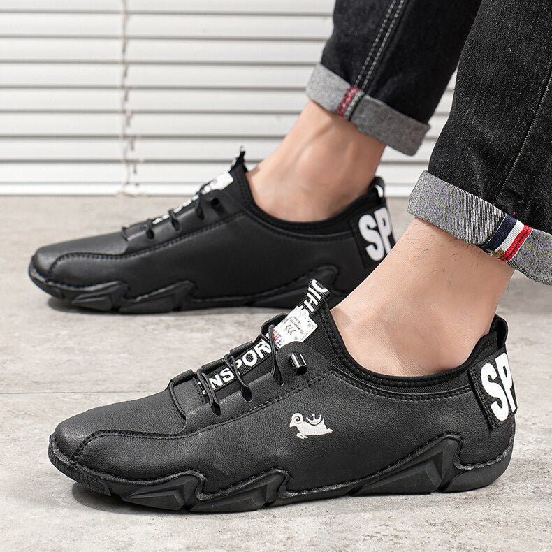 Men's Split Leather Round Toe Elastic Band Casual Wear Sneakers