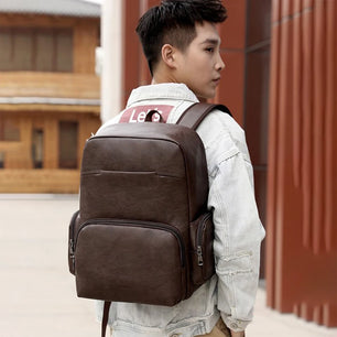 Men's PU Leather Zipper Closure Waterproof Laptop Backpack