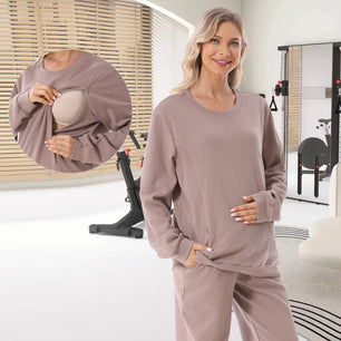 Women's Cotton O-Neck Long Sleeve Solid Pattern Maternity Top