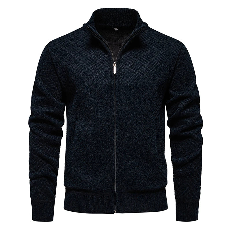 Men's Polyester Stand-Collar Full Sleeves Zipper Closure Sweater