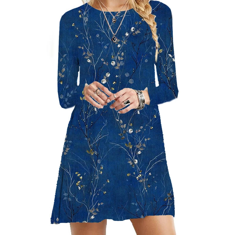 Women's Polyester O-Neck Long Sleeves Mini Casual Vintage Dress