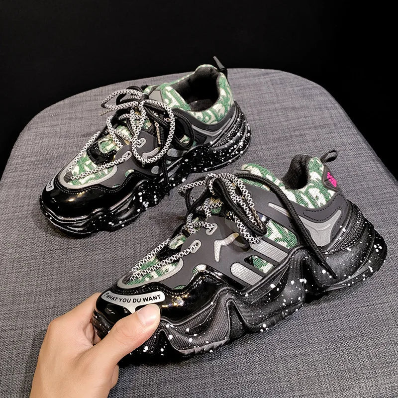 Women's PVC Round Toe Lace-Up Closure Patchwork Sports Sneakers