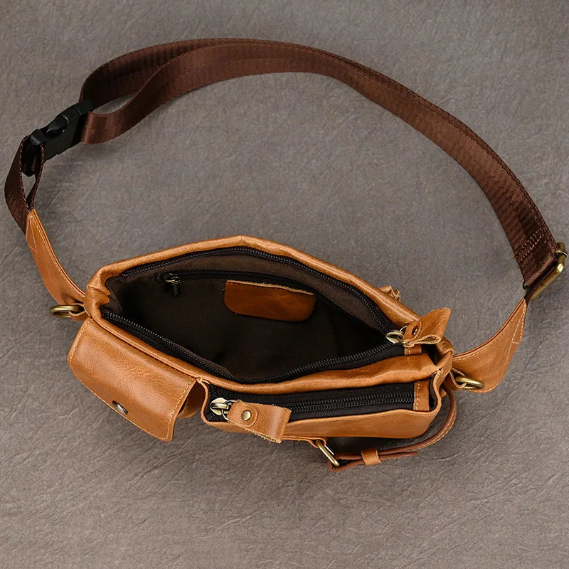 Men's Genuine Leather Solid Pattern Zipper Closure Waist Pack