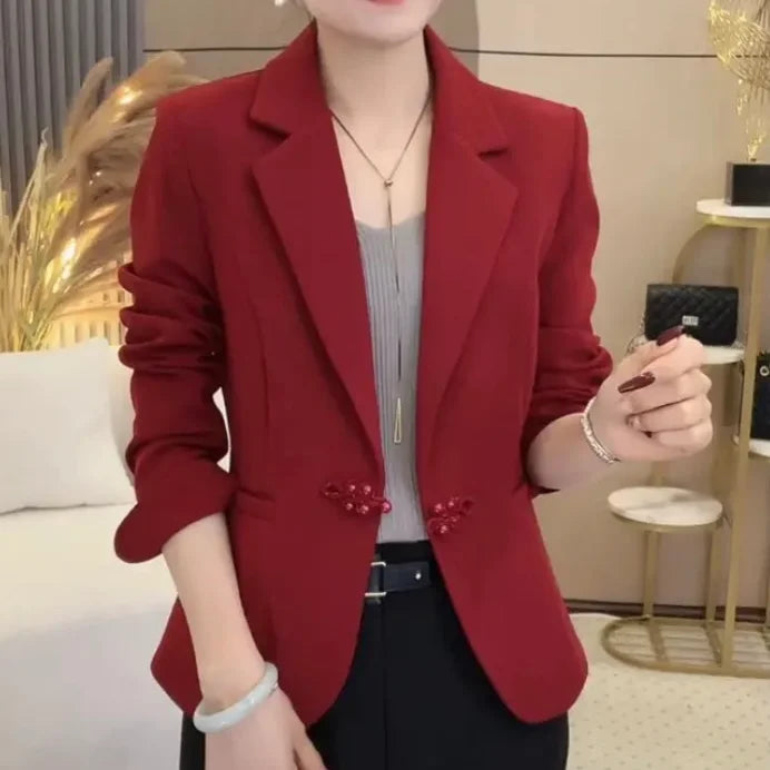 Women's Polyester Notched Collar Long Sleeve Single Button Blazer