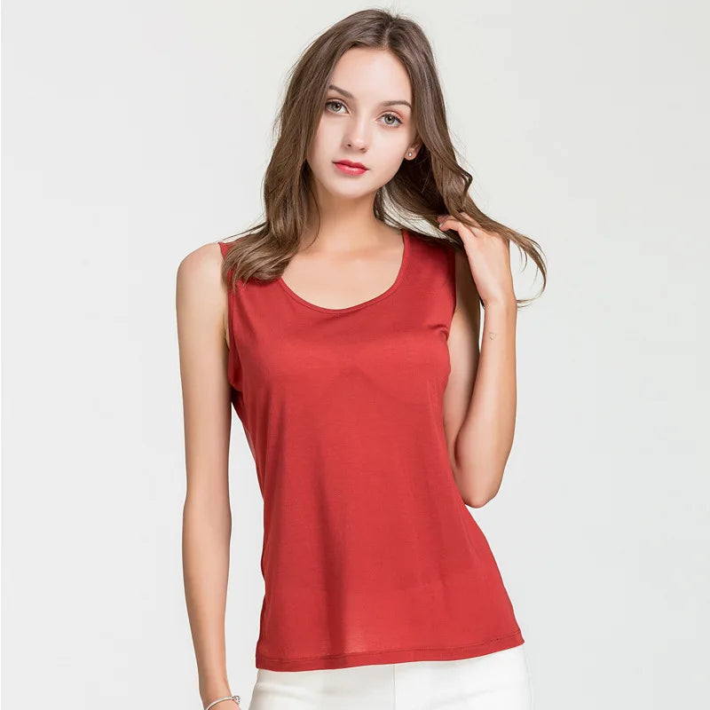 Women's Silk O-Neck Sleeveless Solid Pattern Casual Wear Tops