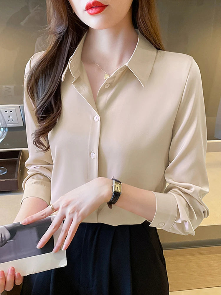 Women's Acetate Turn-Down Collar Long Sleeve Casual Wear Blouse