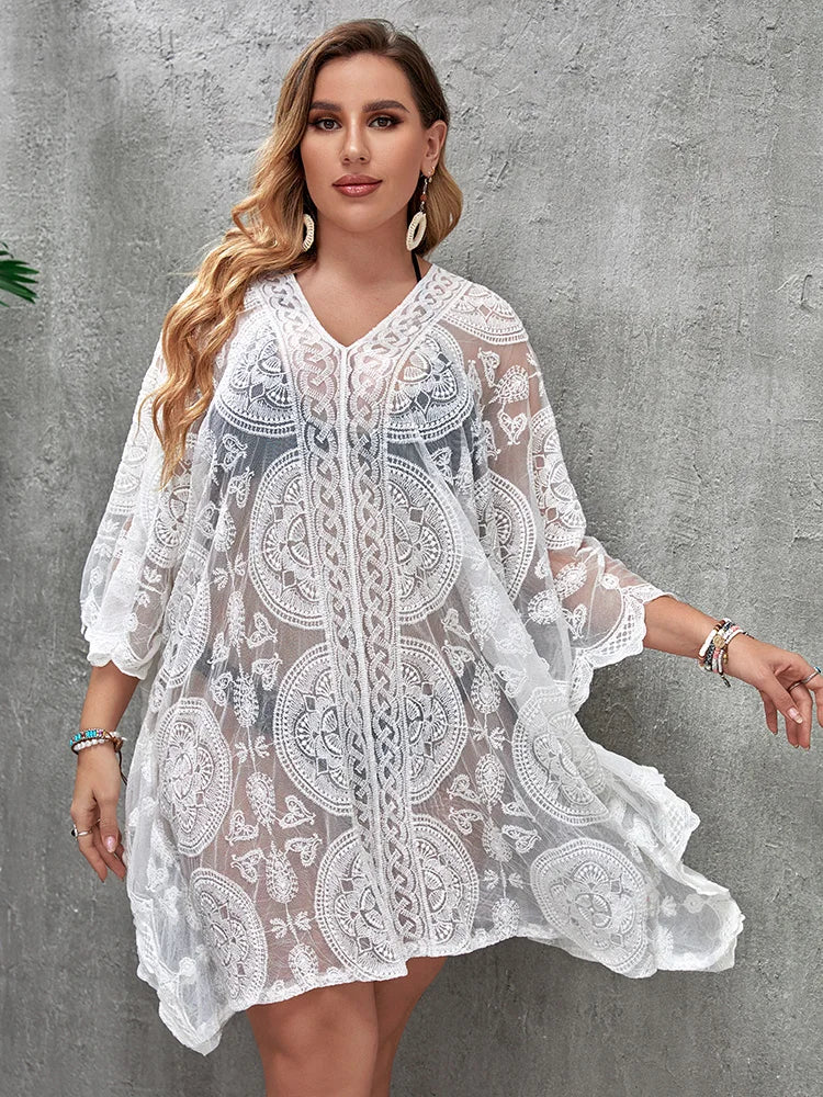 Women's Rayon Full Sleeve Patchwork Trendy Sexy Beach Cover Up