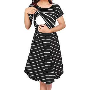 Women's Polyester O-Neck Short Sleeves Striped Maternity Dress