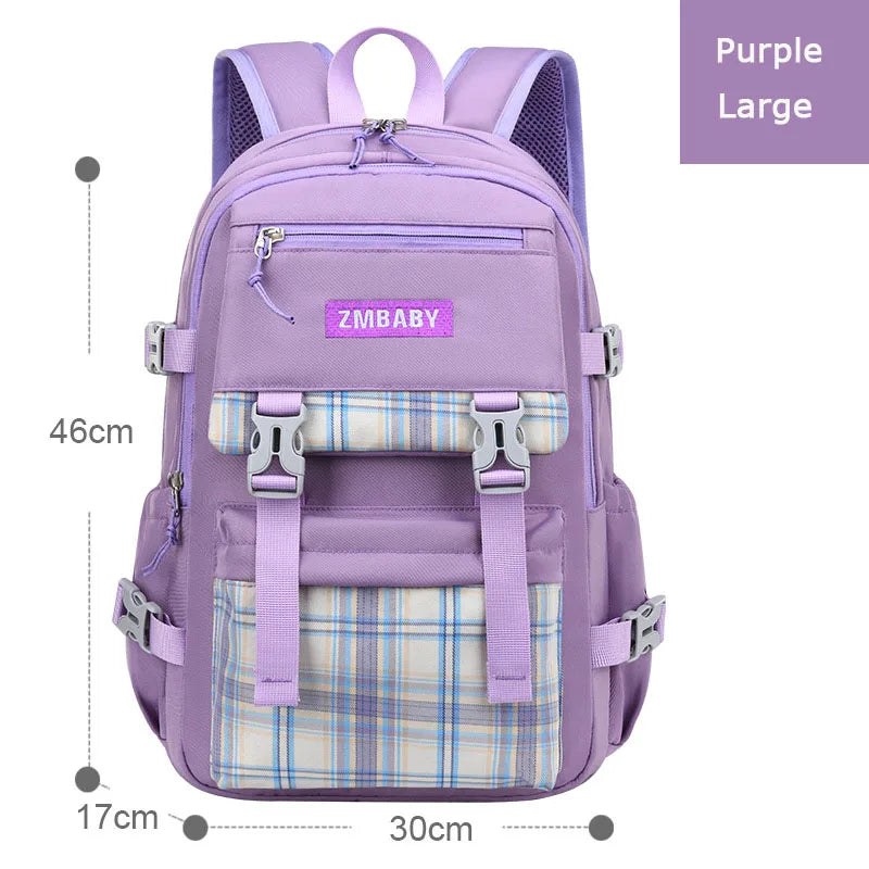 Kid's Canvas Zipper Closure Plaid Pattern Trendy School Backpack