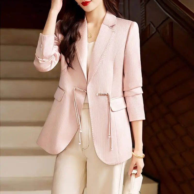 Women's Cotton Notched Long Sleeves Solid Pattern Casual Blazer