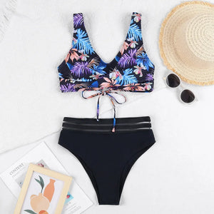 Women's Polyester V-Neck Sleeveless Mid Waist Swimwear Bikini Set