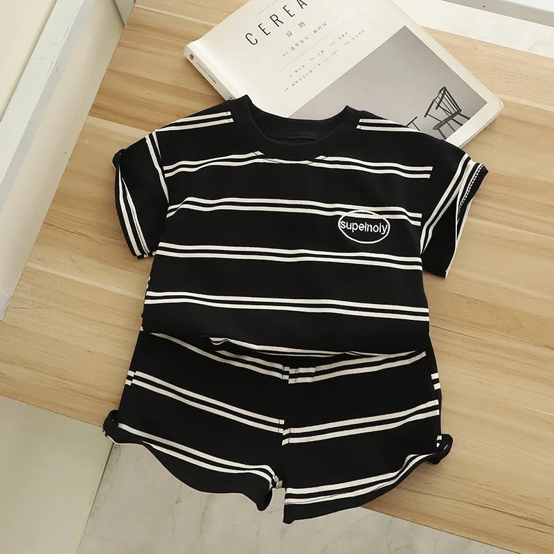 Kid's Cotton O-Neck Short Sleeves Striped Pullover Casual Clothes