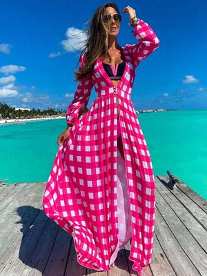 Women's Polyester Long Sleeves Plaid Pattern Beach Cover Up