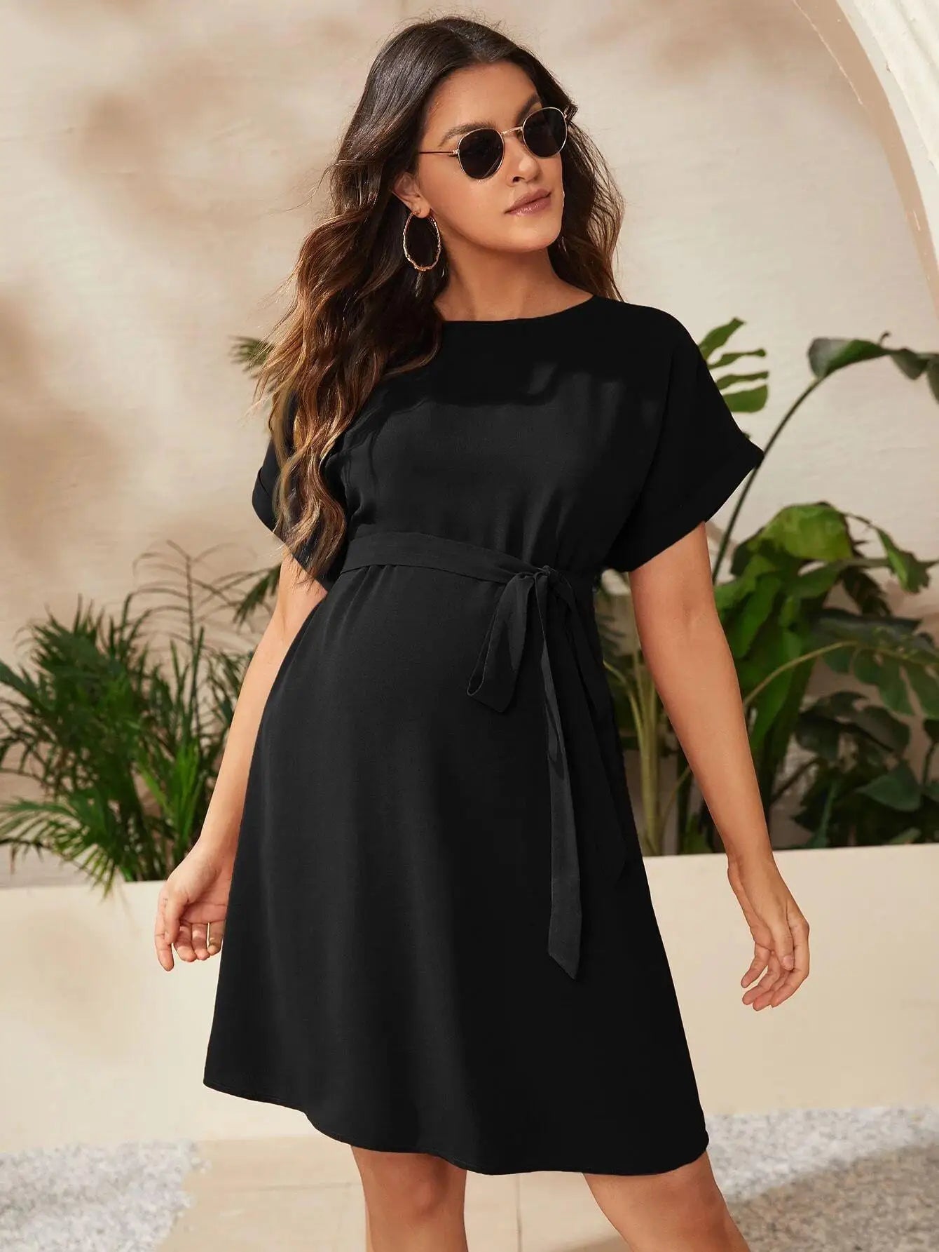 Women's Polyester O-Neck Short Sleeves Solid Maternity Dress