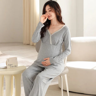 Women's Cotton Long Sleeves Breastfeeding Solid Maternity Dress