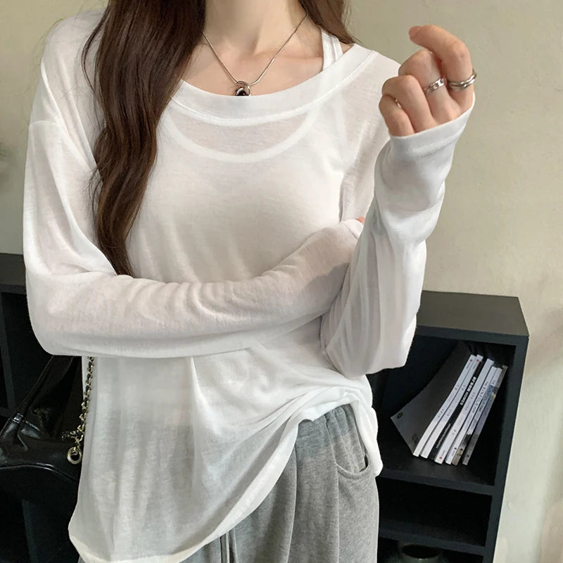 Women's Polyester O-Neck Long Sleeves Solid Pattern Pullover Tops