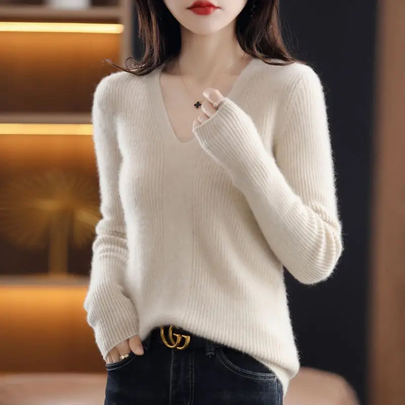 Women's Acrylic V-Neck Full Sleeves Pullover Solid Winter Sweater