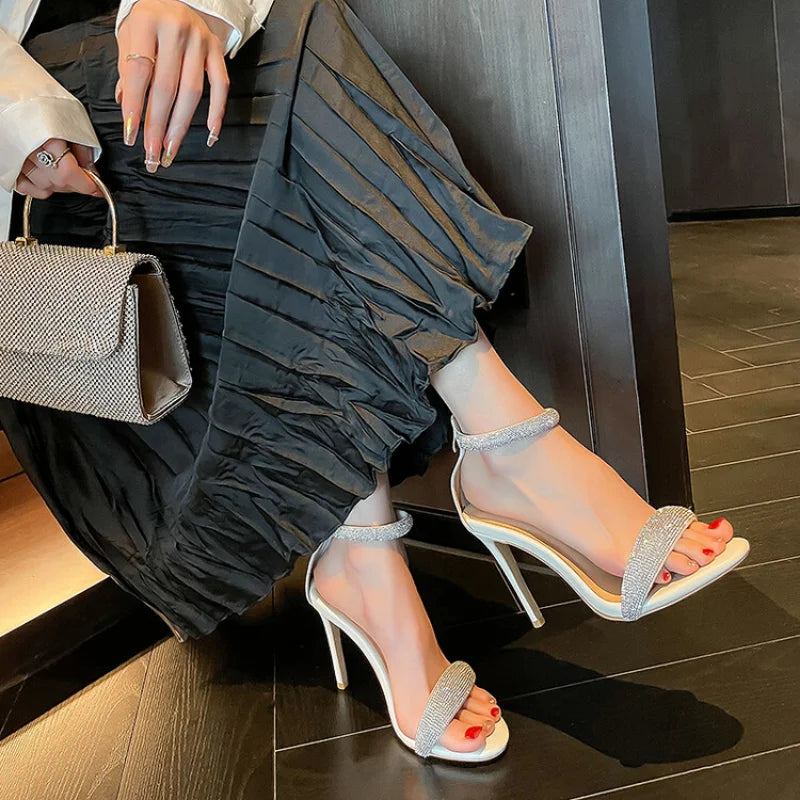 Women's Microfiber Peep Toe Zip High Heels Rhinestones Sandals