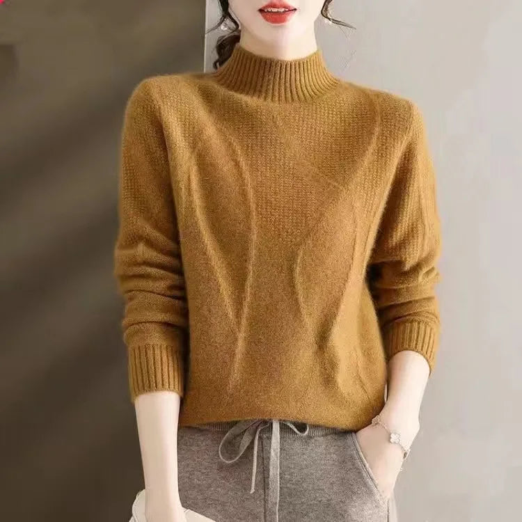 Women's Acrylic Mock-Neck Full Sleeves Knitted Pattern Sweater