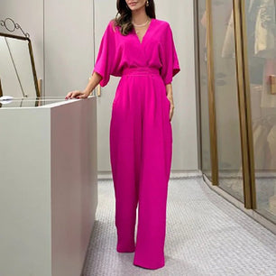 Women's Polyester V-Neck Full Sleeves Solid Pattern Jumpsuit