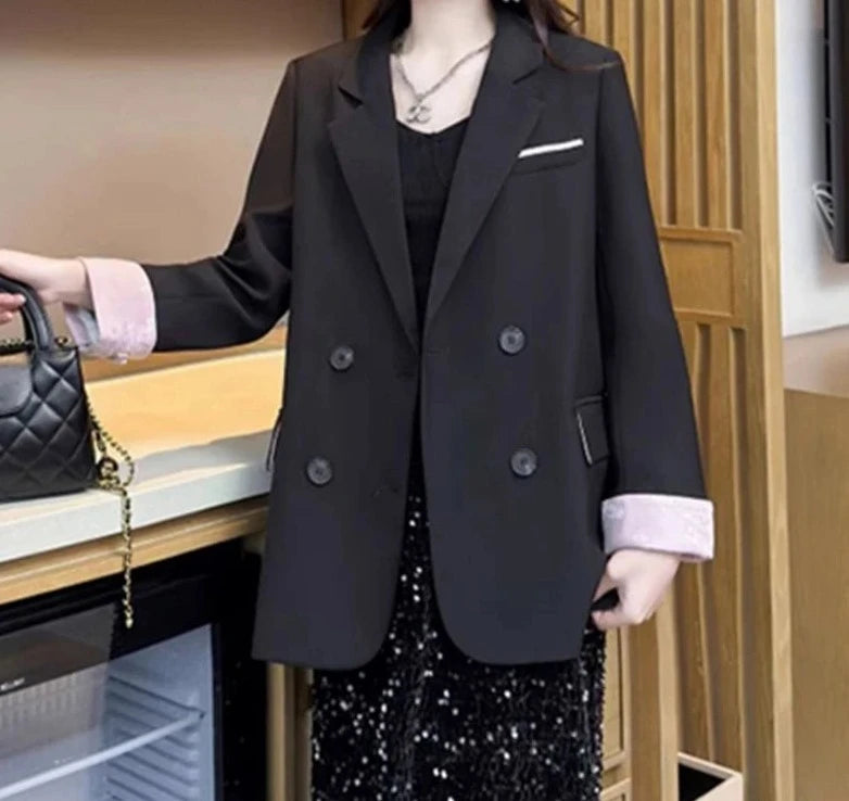 Women's Cotton Notched Long Sleeves Solid Pattern Casual Blazers