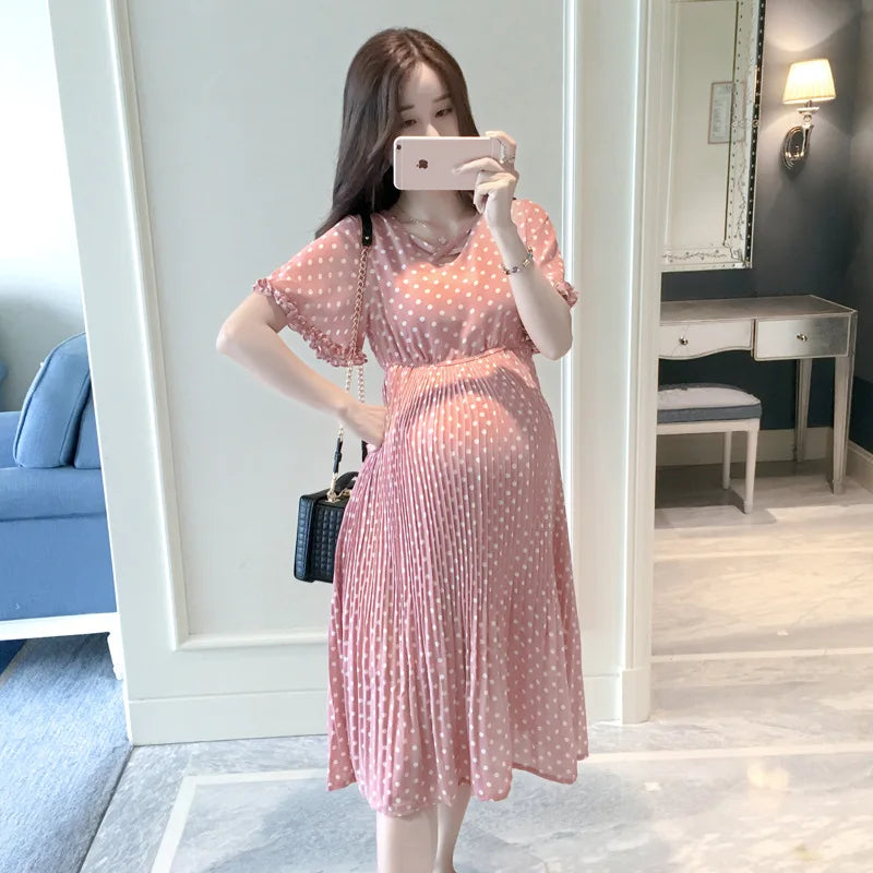 Women’s Polyester V-Neck Short Sleeves Dotted Maternity Dress