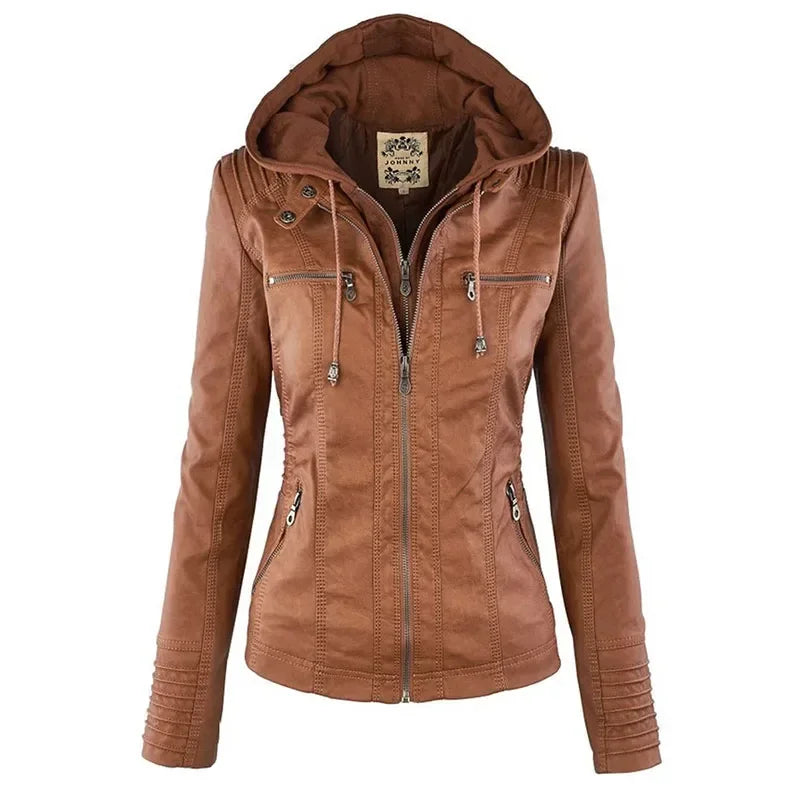 Women's Faux Leather Long Sleeves Solid Pattern Hooded Jacket