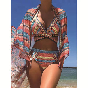 Women's Nylon High Waist Printed Pattern Three Piece Bikini Set