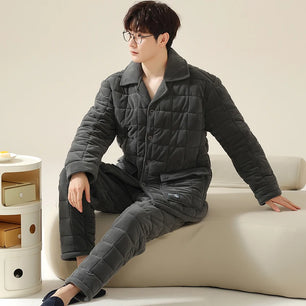 Men's Flannel Turn-Down Collar Full Sleeves Sleepwear Pajamas Set