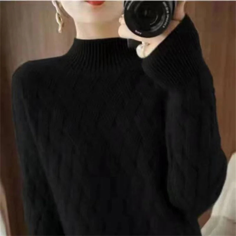 Women's Acrylic Mock-Neck Full Sleeves Knitted Pattern Sweater