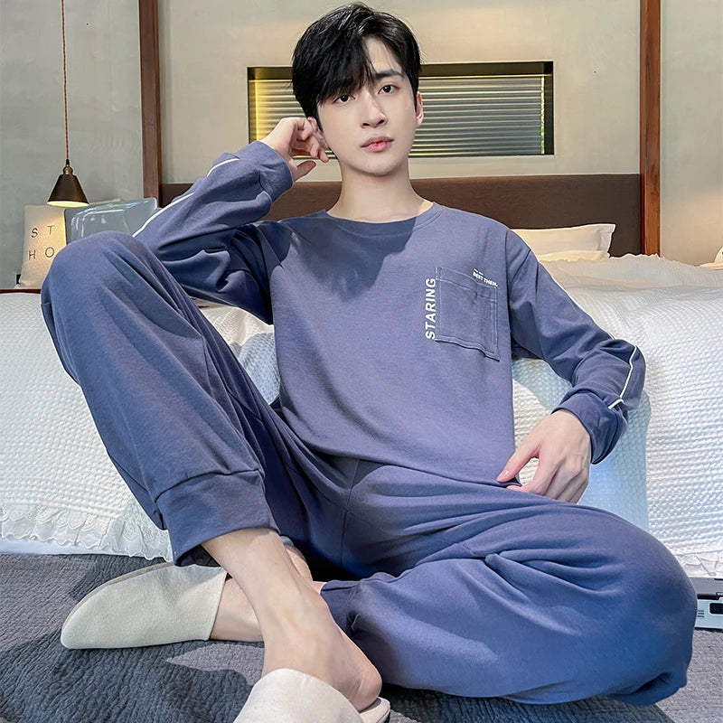 Men's Cotton O-Neck Long Sleeves Trendy Sleepwear Pajamas Set