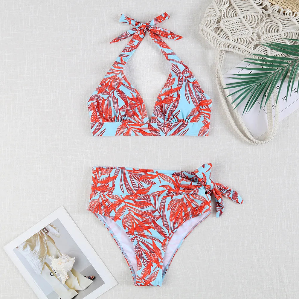 Women's Polyester V-Neck Sleeveless Mid Waist Swimwear Bikini Set