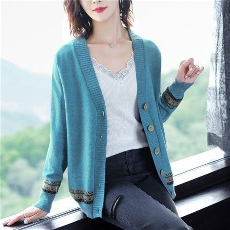 Women's Acrylic V-Neck Full Sleeves Casual Wear Vintage Cardigans